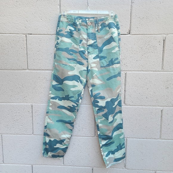MOTHER | The Shaker Camo Chop Crop Cropped Linen Blend Pants Green Camo Size 24 - Picture 2 of 12